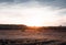 Farmer tractor moves across the field in sunset time