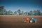 Farmer with tractor seeding crops in the field