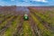 Farmer with tractor using a air blast sprayer