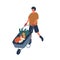 Farmer transporting vegetables flat vector illustration. Young rancher cartoon character. Man pushing trolley with raw