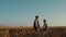 Farmer walking wheat field meeting colleague. Beautiful tranquil rural landscape