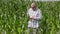 Farmer walks through corn field and using tablet PC