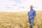 Farmer In Wheat Field Inspecting Crop