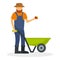 Farmer with wheelbarrow icon, flat style