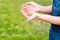 Farmer woman cupped hands pour seeds,whole wheat grain kernels.planting and feeding, harvesting on the farm. Spring and