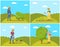 Farmer Woman Harvesting Set Vector Illustration