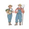 Farmer woman and man with vegetable, chicken and fork in hand. Vector illustration