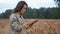 Farmer woman working with tablet on wheat field. agronomist with tablet studying wheat harvest in field. business woman