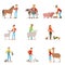 Farmers breeding livestock. Farm profession worker people, farm animals. Set of colorful cartoon detailed vector