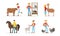 Farmers Breeding Livestock Feeding Farm Animals Vector Set