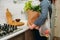 Farmers Cheap food delivery. Direct delivery from farms, buy local, support small food business. Woman unpacks shopping bag with