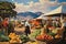 Farmers at a farmers market in California, USA. Vintage stylized illustration, AI Generated