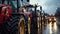 farmers gather in the city with their modern tractors during a strike, highlighting the clash of agricultural