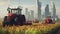 farmers gather in the city with their modern tractors during a strike, highlighting the clash of agricultural