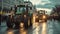 farmers gather in the city with their modern tractors during a strike, highlighting the clash of agricultural