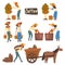 Farmers Gathering, Sorting and Packaging Coffee Beans Set, Coffee Industry Production Stages Vector Illustration