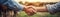 Farmers Handshake Against Backdrop Of Unfocused Agriculture With Cows, Closeup Panoramic Banner