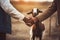 Farmers Handshake Against Backdrop Of Unfocused Farm With Goats, Closeup. Generative AI