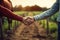 Farmers Handshake Against Backdrop Of Unfocused Farm With Horses, Closeup. Generative AI