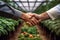 Farmers Handshake Against Backdrop Of Unfocused Horticulture Farm, Closeup. Generative AI