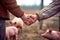Farmers Handshake Against Backdrop Of Unfocused Pig Farm, Closeup. Generative AI
