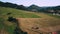 Farmers harvest dry hay by moving the harvested hay with a tractor turner. Top view.