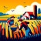 Farmers harvesting corn on the field. Vector illustration in a flat style Generative AI