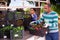 Farmers load crates of ripe bell peppers into car