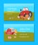 Farmers market and agriculture business card with cartoon farm equipment, food and animals vector illustration. Healthy