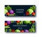 Farmers market banners set with cabbage, peas, tomato, apple, blueberry, text on black background.