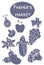 Farmers market poster. Fruits and vegetables are blue. Fresh organic produce from the local farmers\\\' market