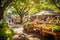 Farmers market on a sunny late summer morning, adorned with colorful stalls offering an abundance of fresh fruits, vegetables, and