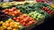 Farmers markets seasonal fruits and vegetable. Colorful showcase with small multicolored peppers. AI generated