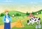Farmers are Milking Cows to Produce or Obtain Milk with Views of Green Meadows or on Farms in an Illustration Flat Style