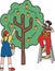 Farmers are picking fruit from trees illustration in doodle style