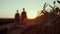 Farmers silhouettes walking wheat field. Spikelets in golden sunlight closeup