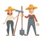 Farmers in straw hats and with work equipment