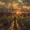 Farmers Tending to Crops in a Fertile Field with Soft Sunrise. The gentle blur of workers and land suggests the timeless