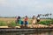 Farmers transport the gunny bags containing the harvested rice in a wooden boat