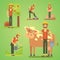 Farmers using agricultural tools. Set farmer vector illustration