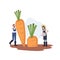 farmers and vegetable in field concept. tiny man take care of plants and woman watering big carrot. Flat vector cartoon character