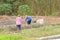 Farmers were watering small rice field