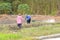 Farmers were watering small rice field