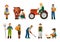 Farmers at work set. Elderly man rides tractor male and female character with boxes of fresh vegetables woman milks cow