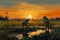 Farmers working in a paddy high field at sunset stock photo