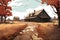 farmhouse with barn and path leading to it covered with fallen leaves, magazine style illustration