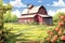 farmhouse with barn-style addition amidst blooming apple orchard, magazine style illustration