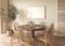Farmhouse beige dining room interior with furniture. Scandinavian boho style. 3D rendering of a wall frame mockup.