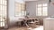 Farmhouse bleached wooden dining room in white and beige tones. Cabinets and table with chair and bench. Parquet floor. Rustic