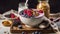 Farmhouse Breakfast Delight: Yogurt, Granola, Berries, Coffee, and Honey on Display. Generative AI